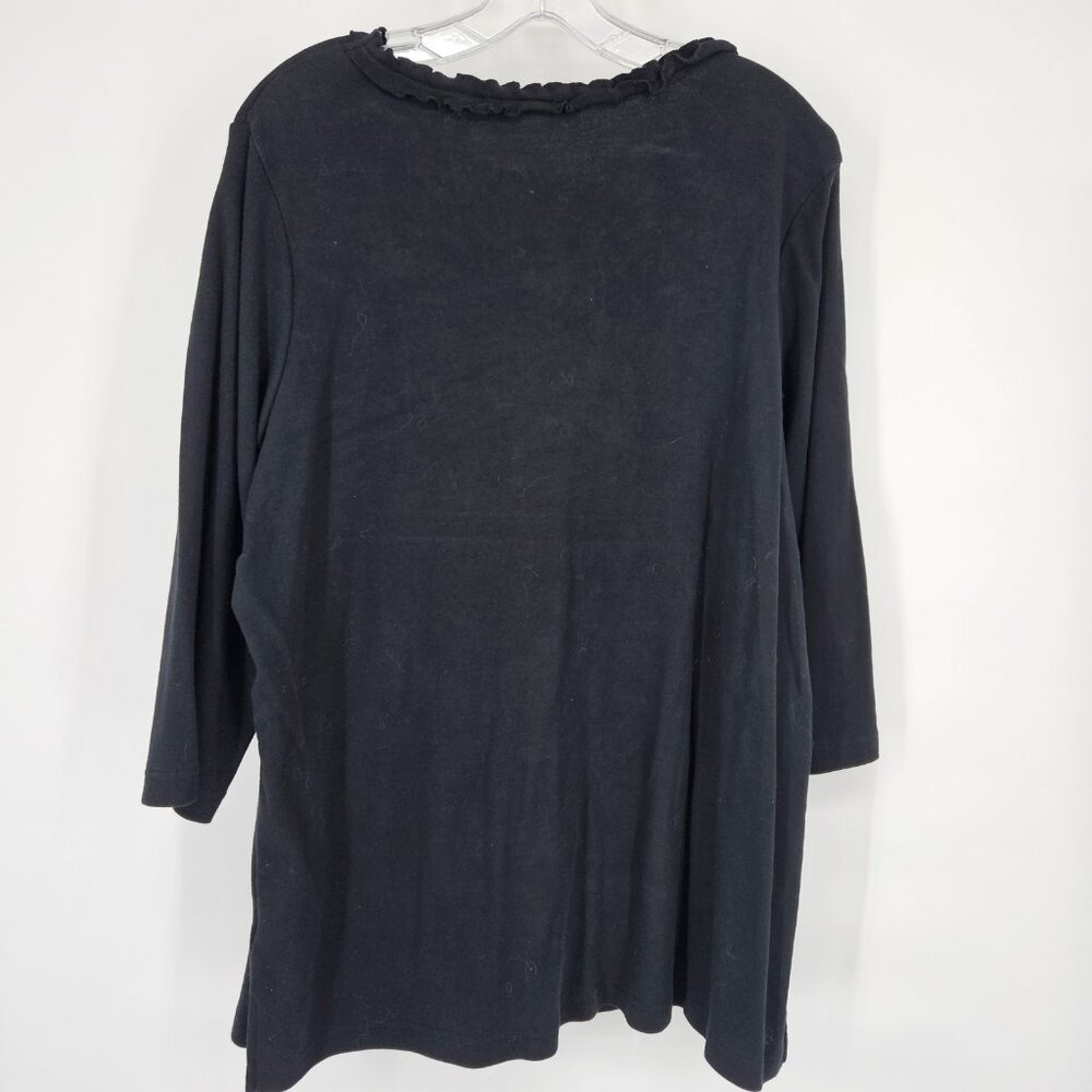 Black Daisy Embroidered Shirt Womens Large Floral Beaded 3/4 Sleeve Tunic Top - Picture 7 of 9